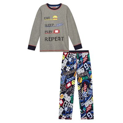 bluezoo Boys' multi-coloured 'Eat, sleep, play, repeat' pyjama top and bottoms set